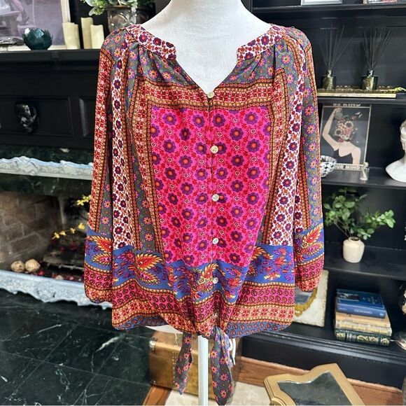New Directions Boho Floral Front Tie Blouse Size Medium - Picture 1 of 13